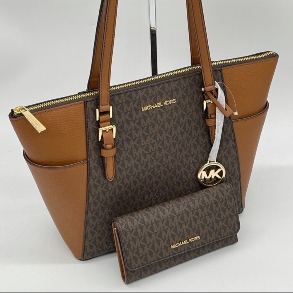 Michael Kors Large Charlotte Tote Bag & Trifold Wallet Leather Brown - Picture 4 of 12